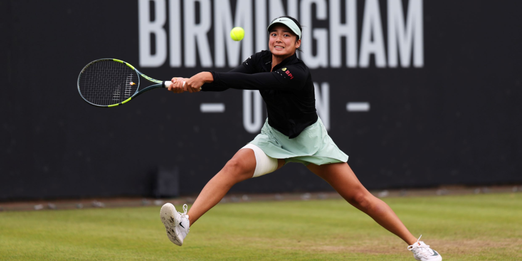 Alex Eala driving another shot during a match against Nikola Bartunkova. Photo/LTA