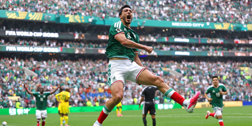 Raúl Jiménez celebrates after scoring the second goal during their match against South Africa. Photo/FIFA