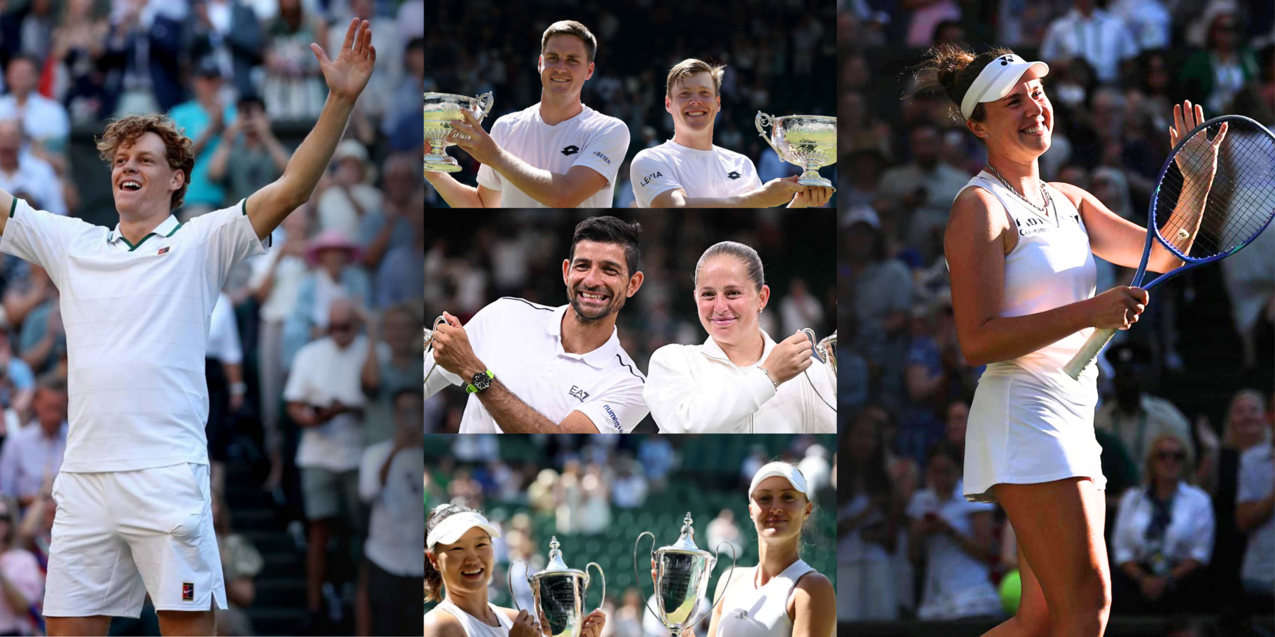 Jannik Sinner celebrating his win (left), Mixed Doubles Champions posing with their trophies (middle), and Linda Noskova smiling at the crowd (right). Photos / LTA