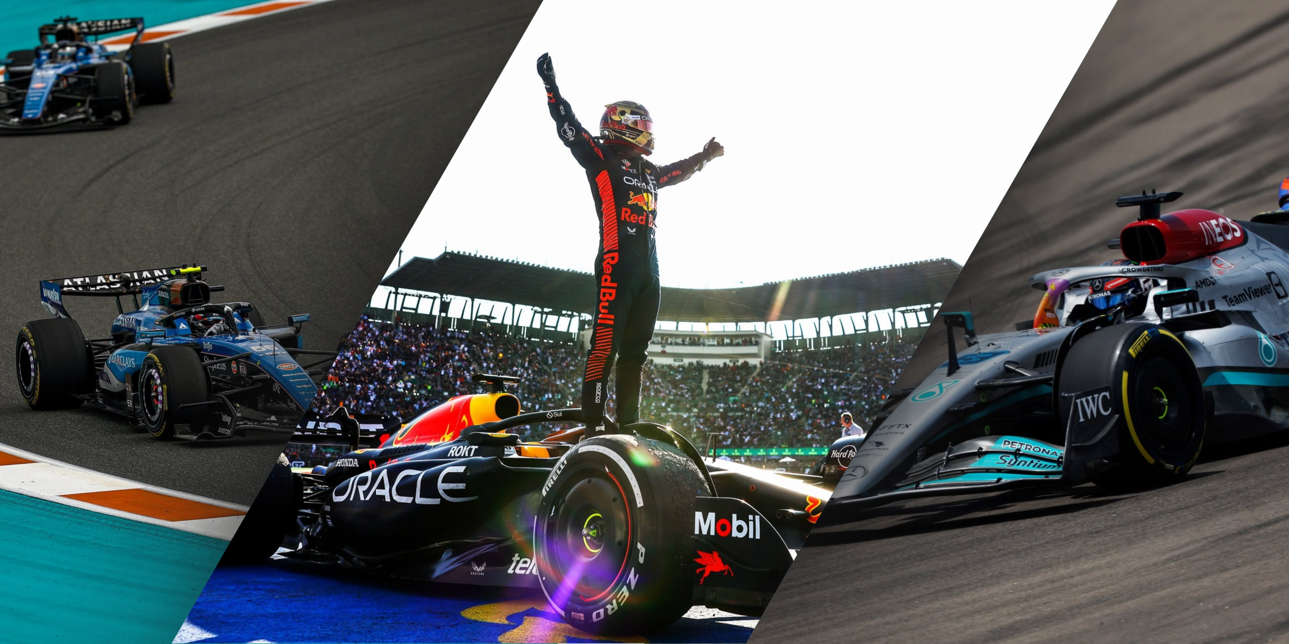 Williams Formula 1 Car (left), Max Verstappen standing on the Oracle Red Bull Racing car (center), and Mercedes-AMG F1 W13 car (right). Photos / F1