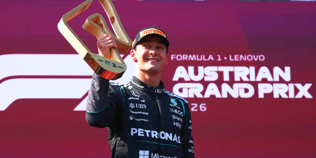 George Russell proudly holds his trophy at Austrian Grand Prix 2026. Photo / F1