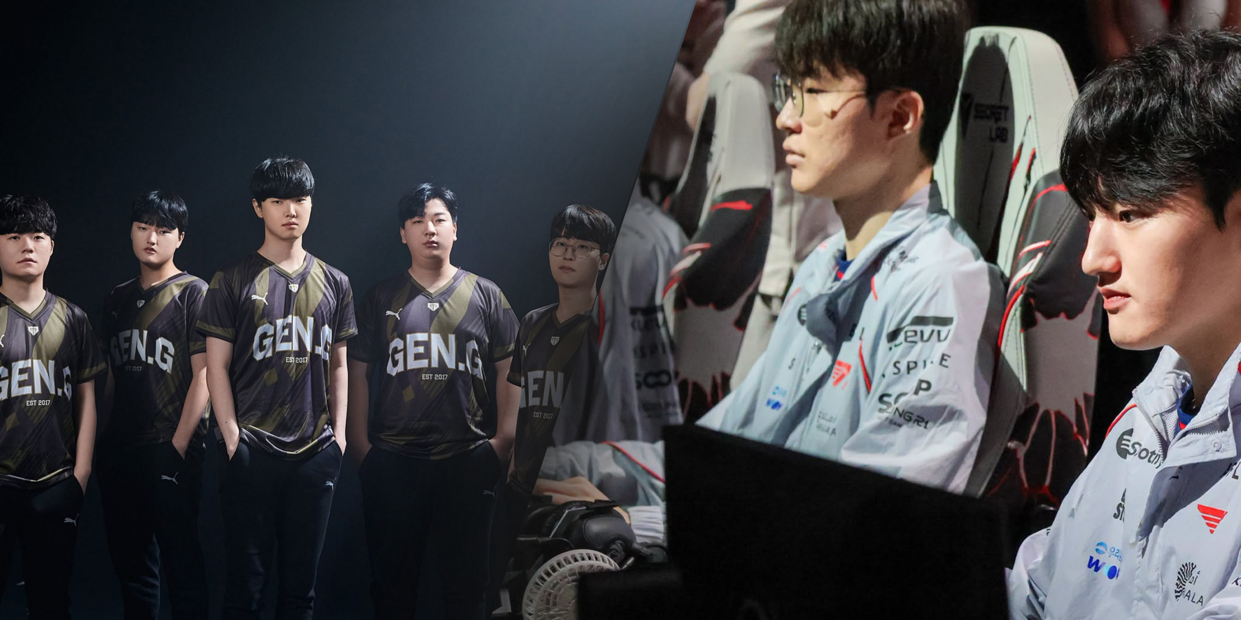 Gen G players gathering together for a group photo (left) and T1 locking in during a match in an esports tournament (right). Photo / Gen G and T1