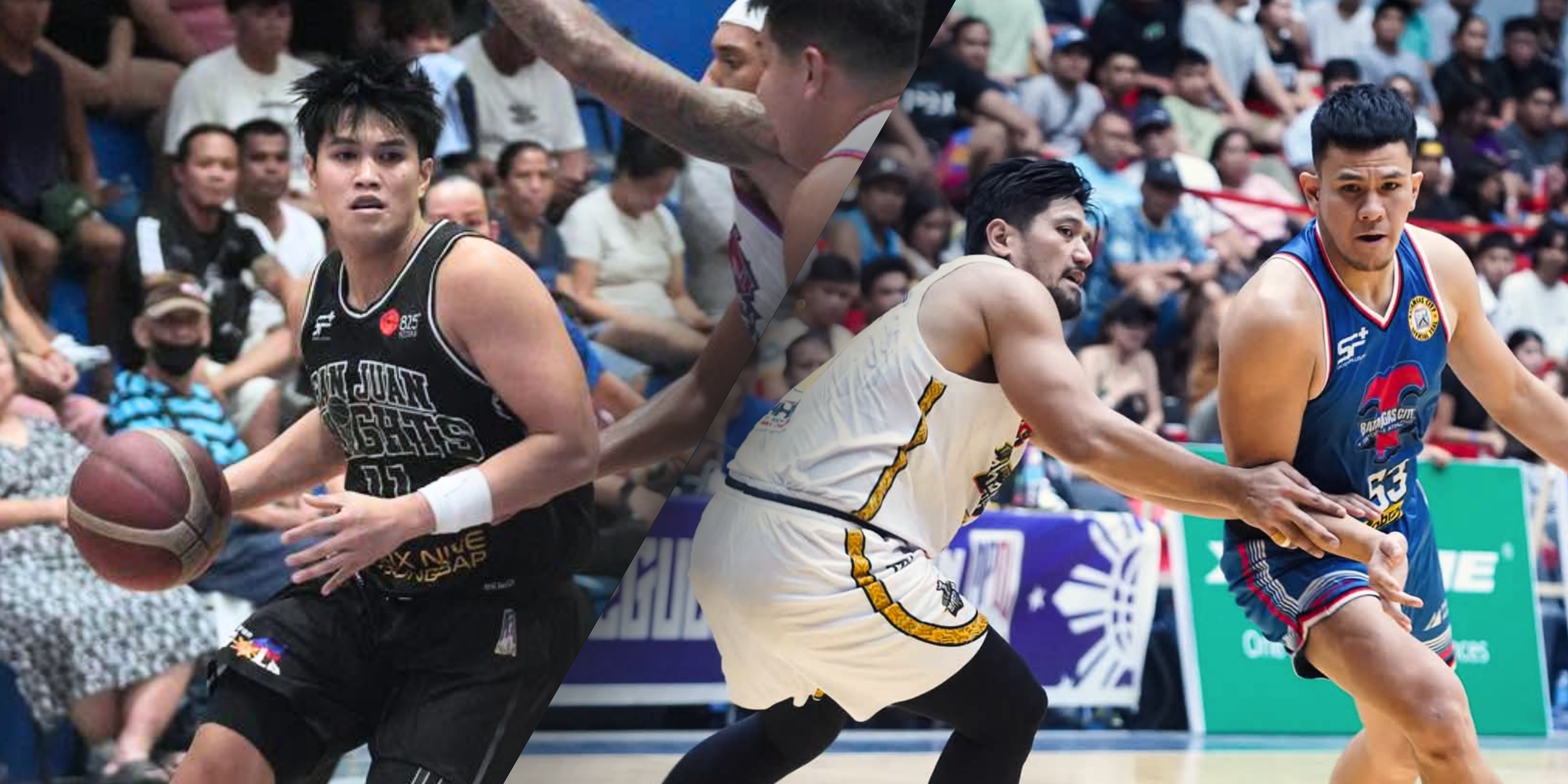 Reyland Torres of San Juan dribbling the ball (left) and Ced Ablaza of Batangas City locking in on defense (right). Photo / Maharlika Pilipinas Basketball League FB