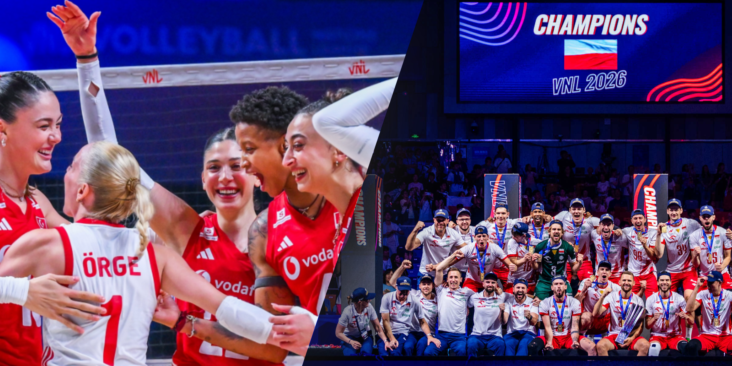 Turkiye’s women team sharing a joyful moment (left) and Poland’s men team posing together for a group photo (right). Photo / Volleyball Nations League