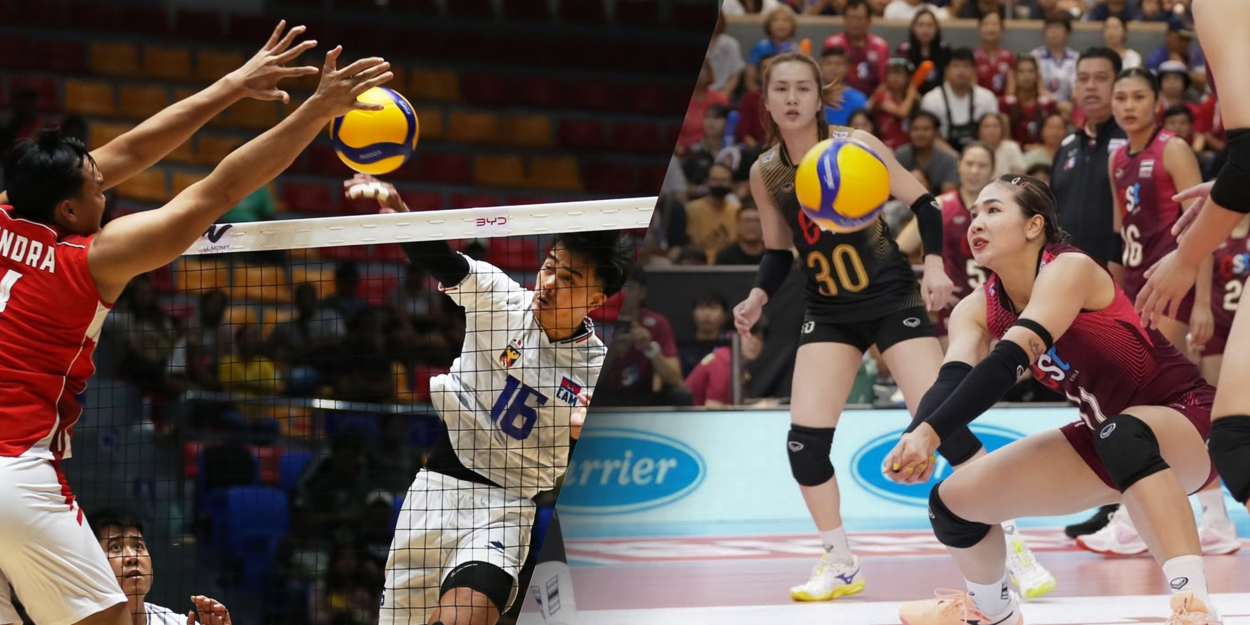 Cambodia’s Kuon Mom spiking the ball over the net (left) and Thailand’s Sasipaporn Janthawisut digging the ball (right). Photo / SAVA (Southeast Asian Volleyball Association)