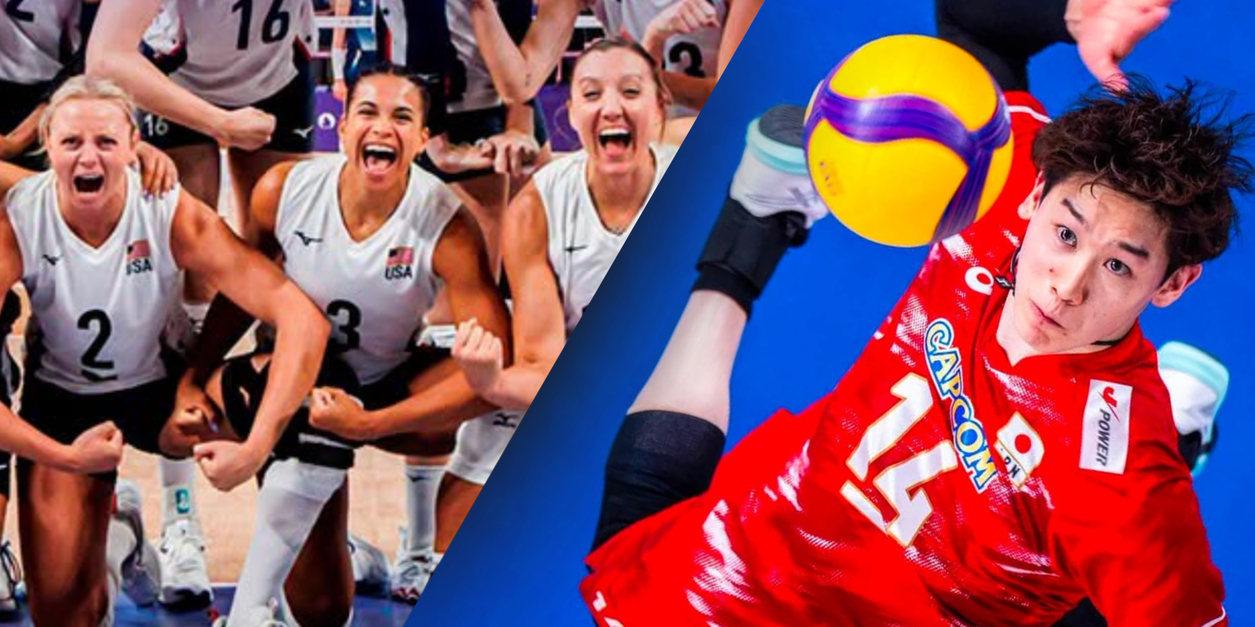 Team USA sharing a joyful moment in a group photo (left) and Japan’s Yuki Ishikawa preparing to attack the ball (right). Photo / Volleyball Nation League