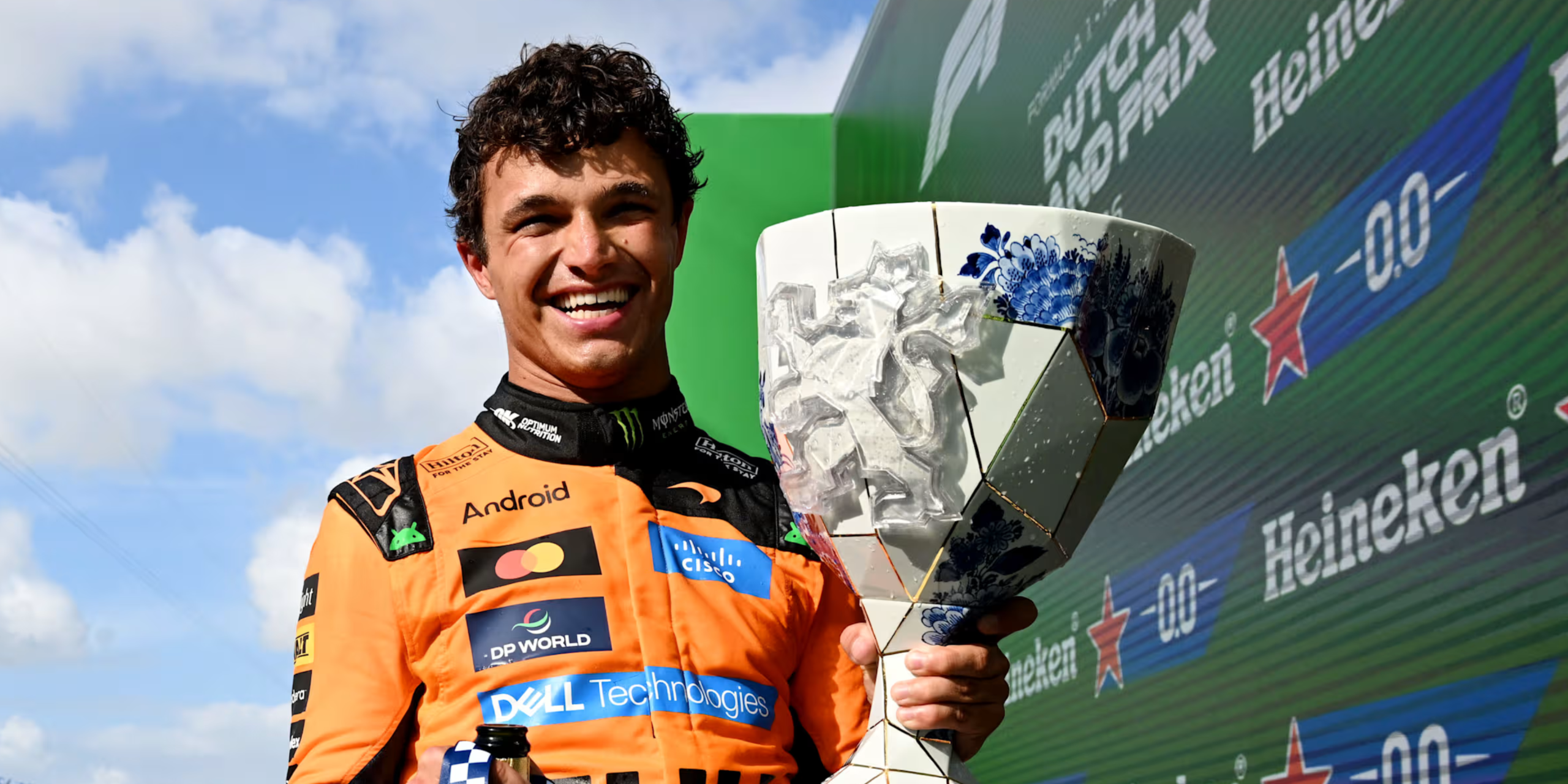 Norris lifting his trophy after winning the Dutch Grand Prix. Photo / F1 Website