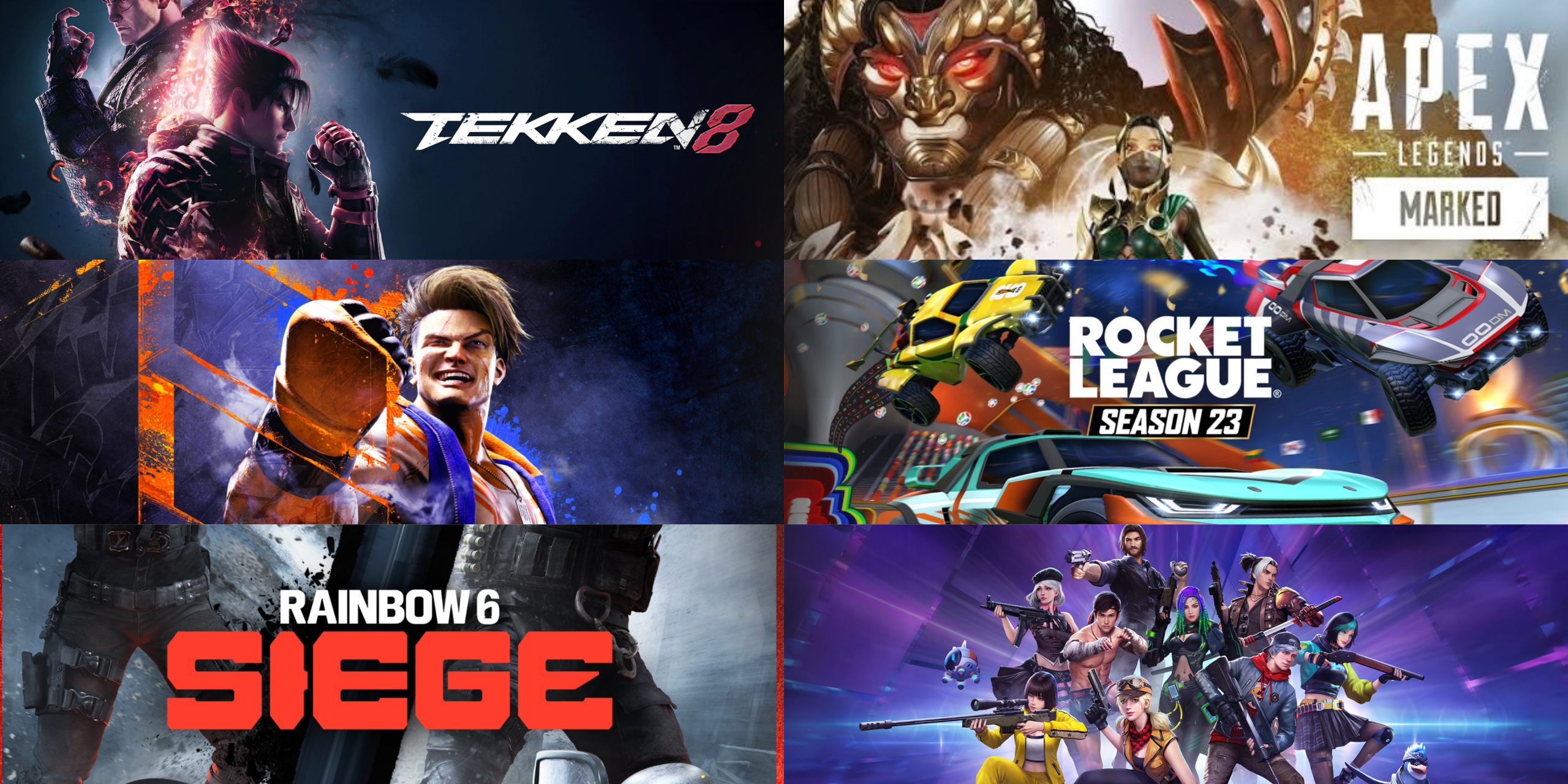 Tekken 8, Street Fighter 6 and Rainbow 6 Siege (left); Apex Legends, Rocket League and Free Fire (right)