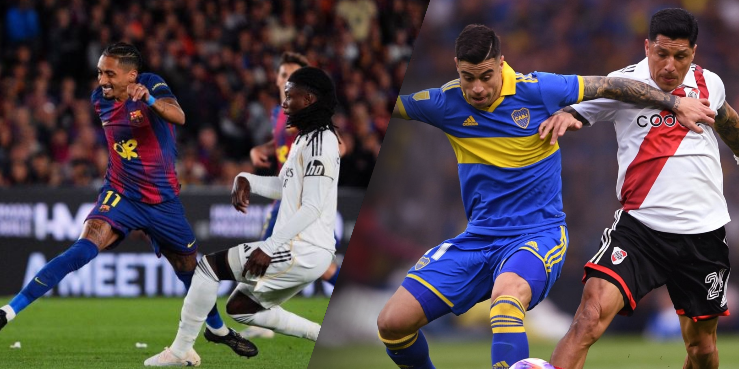 Raphinha driving the ball forward, with Camavinga preparing for a defensive move (left); Payero and Pérez engaging in a tense battle for ball possession (right). Photo / La Liga and Buenos Aires Herald