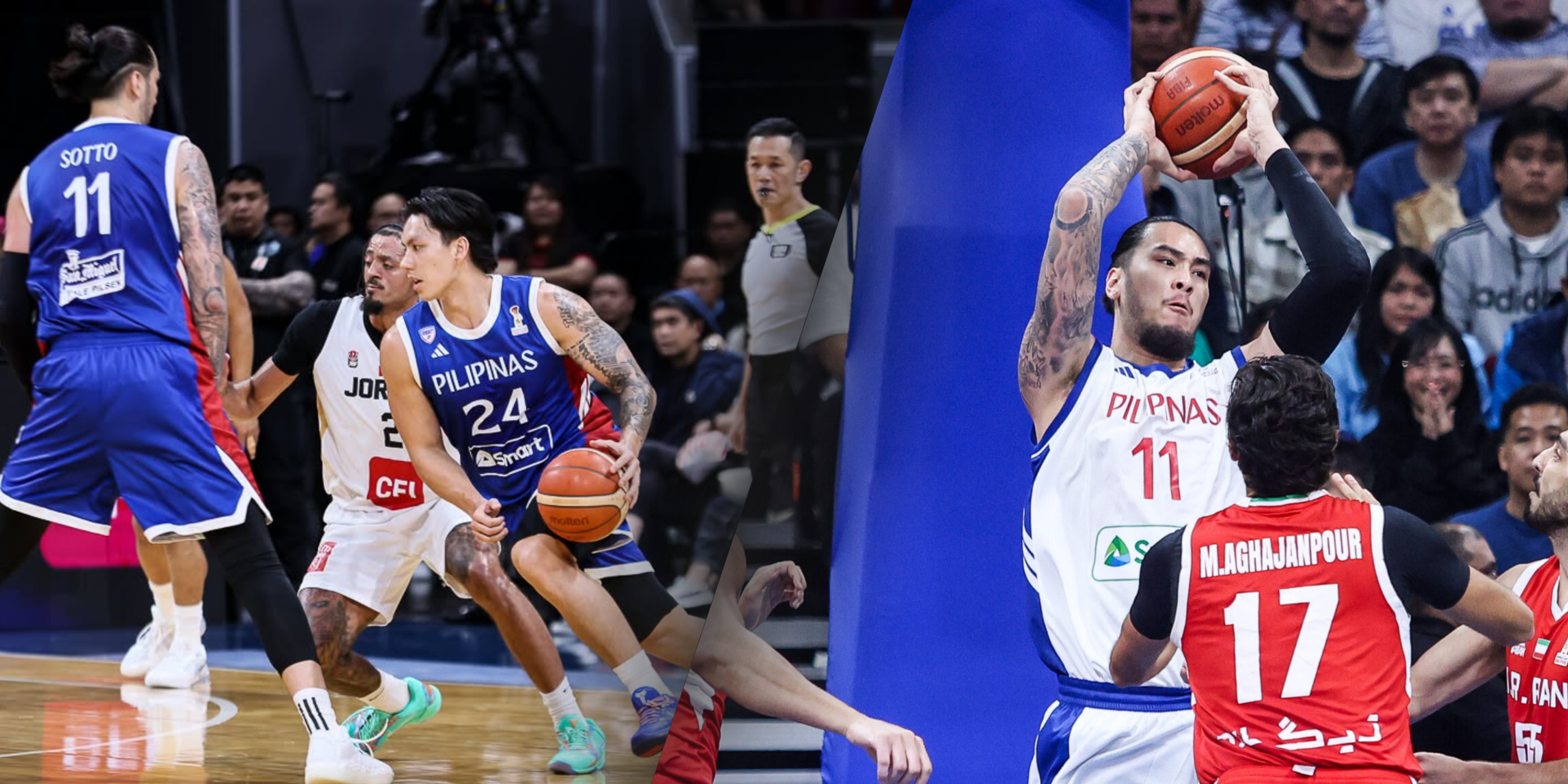 Dwight Ramos driving past Amin Abu Hawwas (left) and Kai Sotto securely holding the ball above his head (right). Photos / GMA Sports and Inquirer Sports