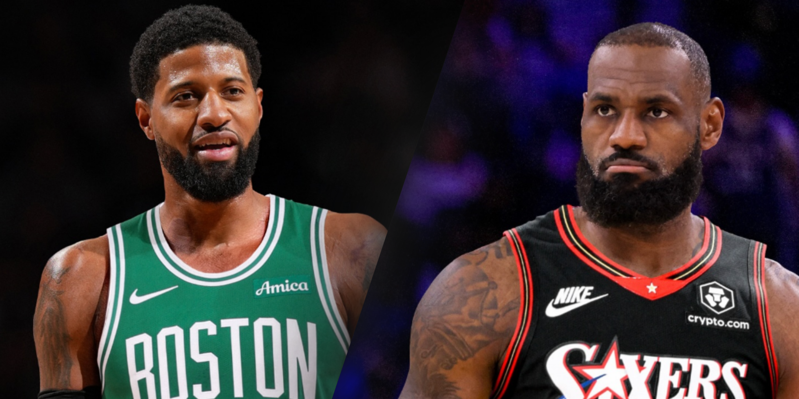 Paul George wearing Boston Celtics jersey (left) and LeBron James repping for Philadelphia 76ers (right). Photo / ESPN