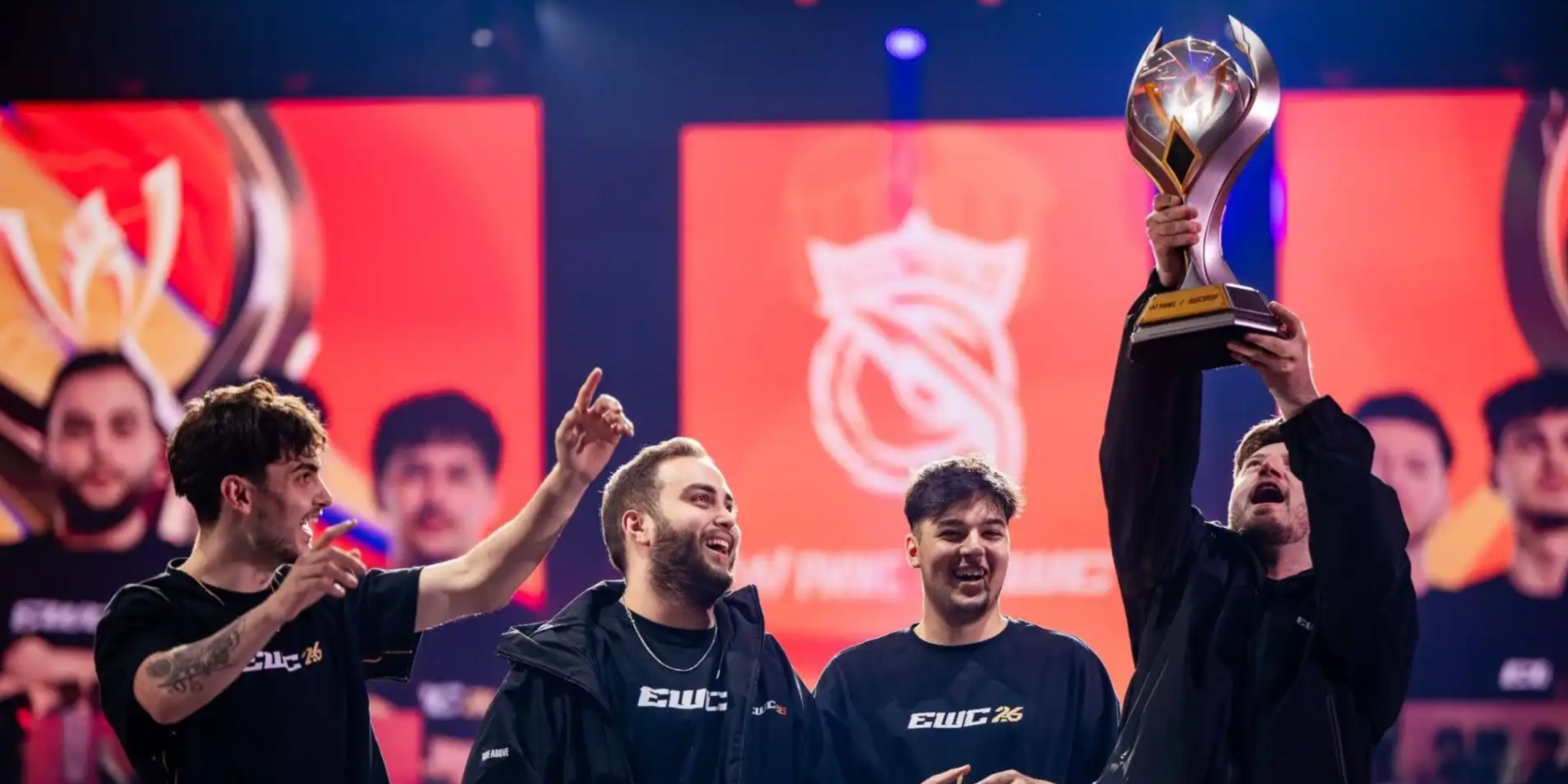 S2G Esports celebrates its win on stage with the PUBG World Cup trophy. Photo / Esports World Cup